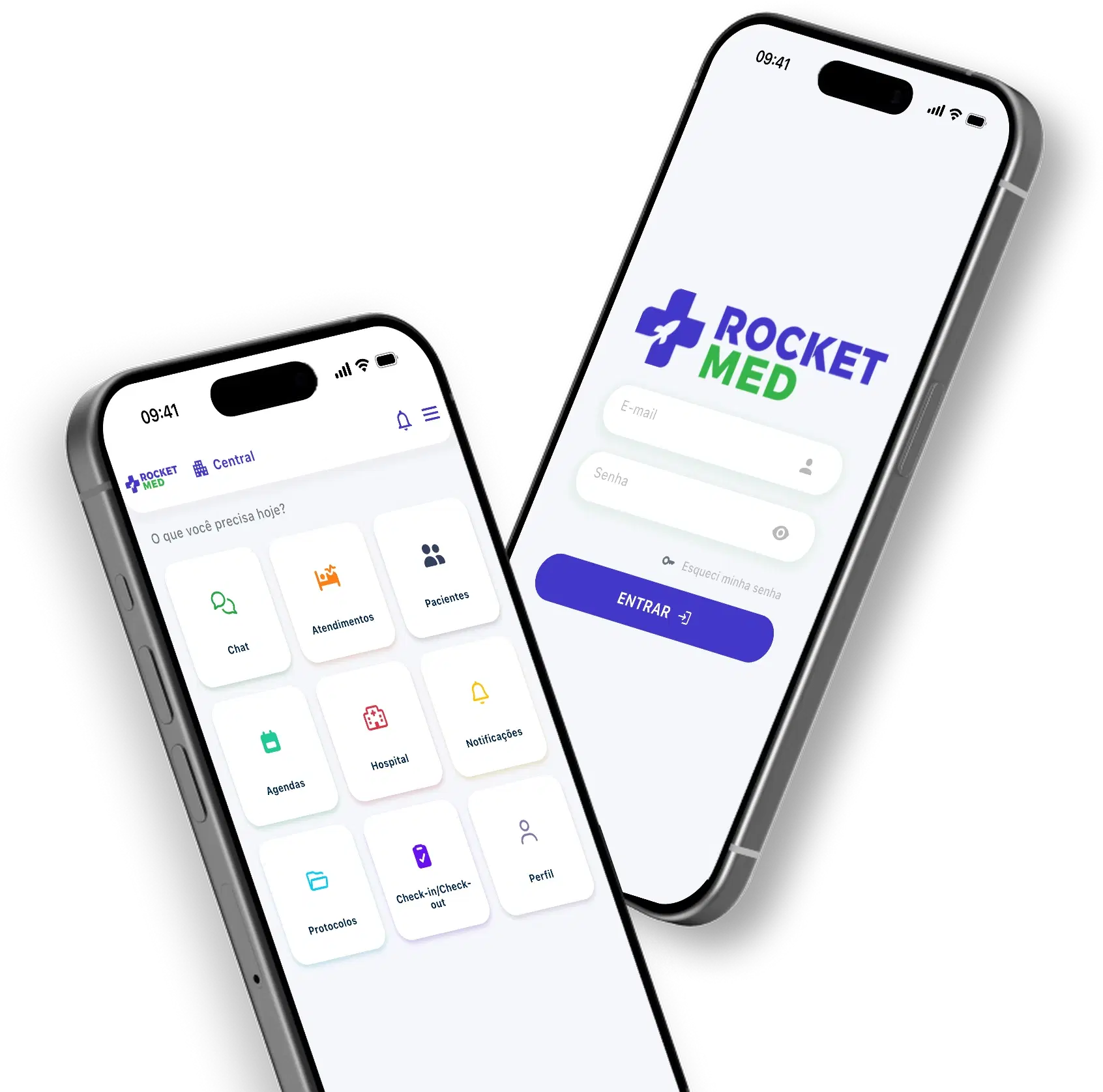Aplicativo RocketMed em dois iPhones — menu de serviços e tela de login