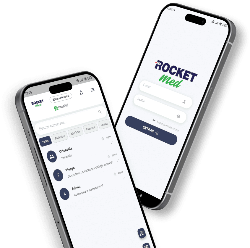 Aplicativo RocketMed em dois iPhones — lista de conversas e tela de login