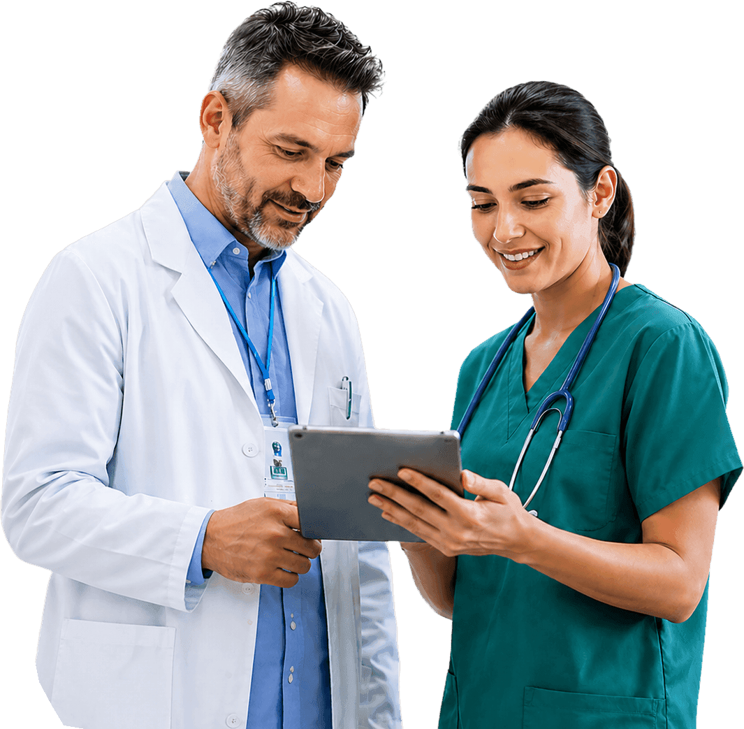 Médico e enfermeira analisando informações em um tablet em um ambiente hospitalar
